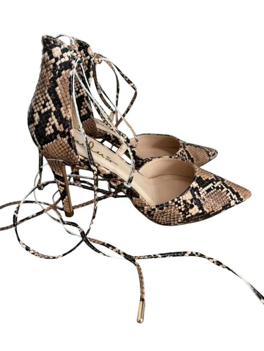 Lulus Marie Tan Snake Print Lace-Up Heels size 7.5